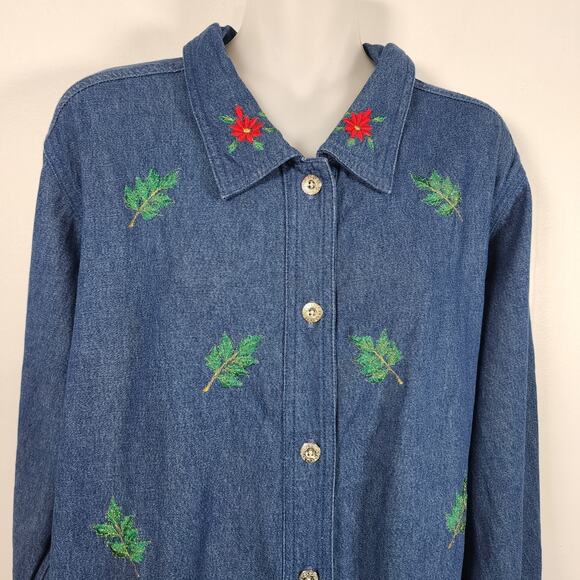 Blair Women Denim Shirt XL Embroidered Festive Poinsettia Holiday Button Front - Picture 3 of 9